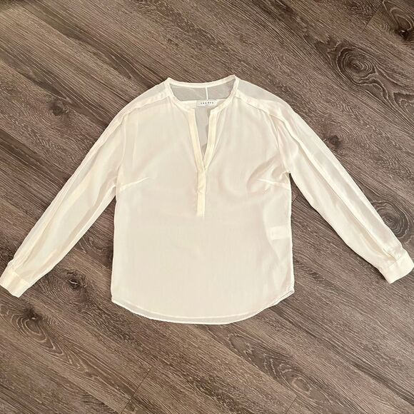 Sandro Paris cream split neck 100% silk long sleeve blouse - Picture 1 of 10